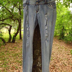 Womens Silver Diva Distressed Mid rise Skinny leg Jeans Embellished Juniors 13